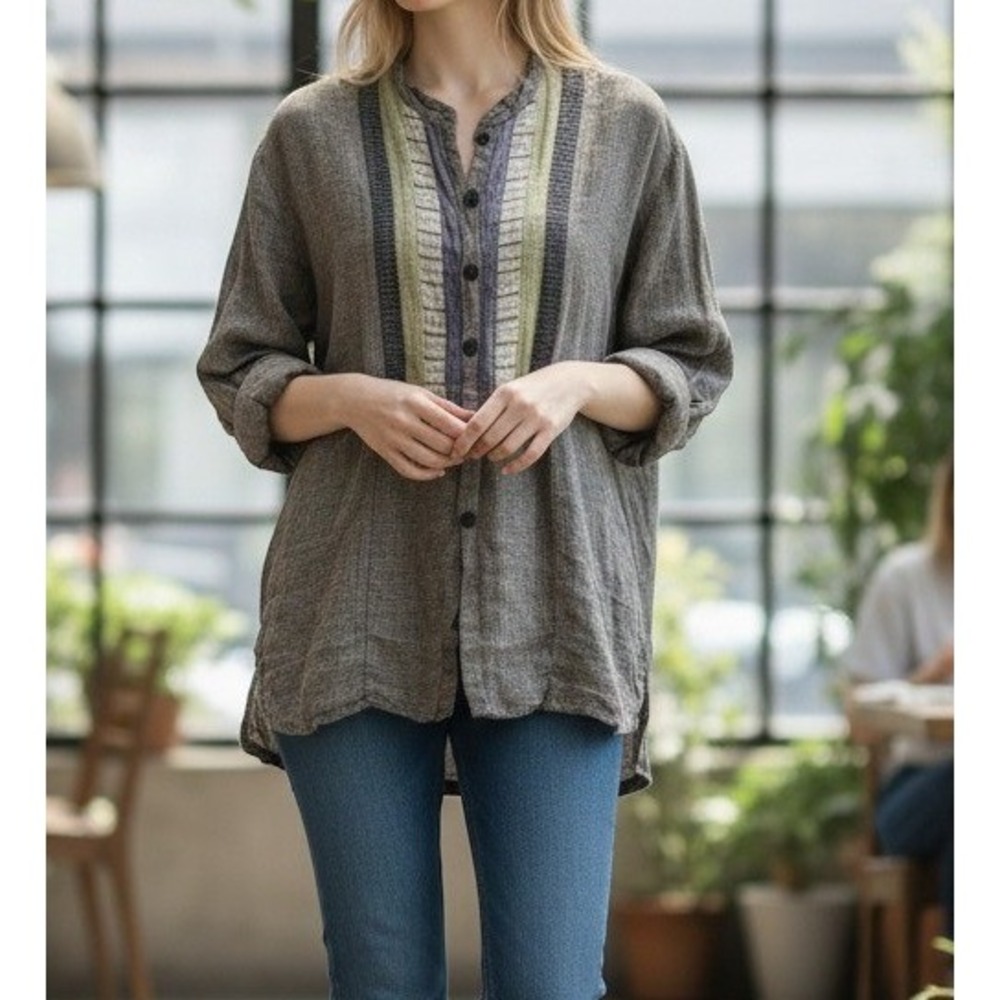 FLAX by Jeanne Engelhart Linen Button Down Tunic Top Brown Check Small Lagenlook